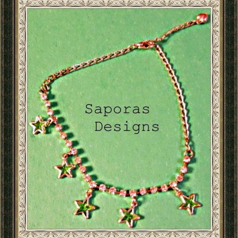 Silver Tone Anklet With Green Star Charms & Clear Crystals
